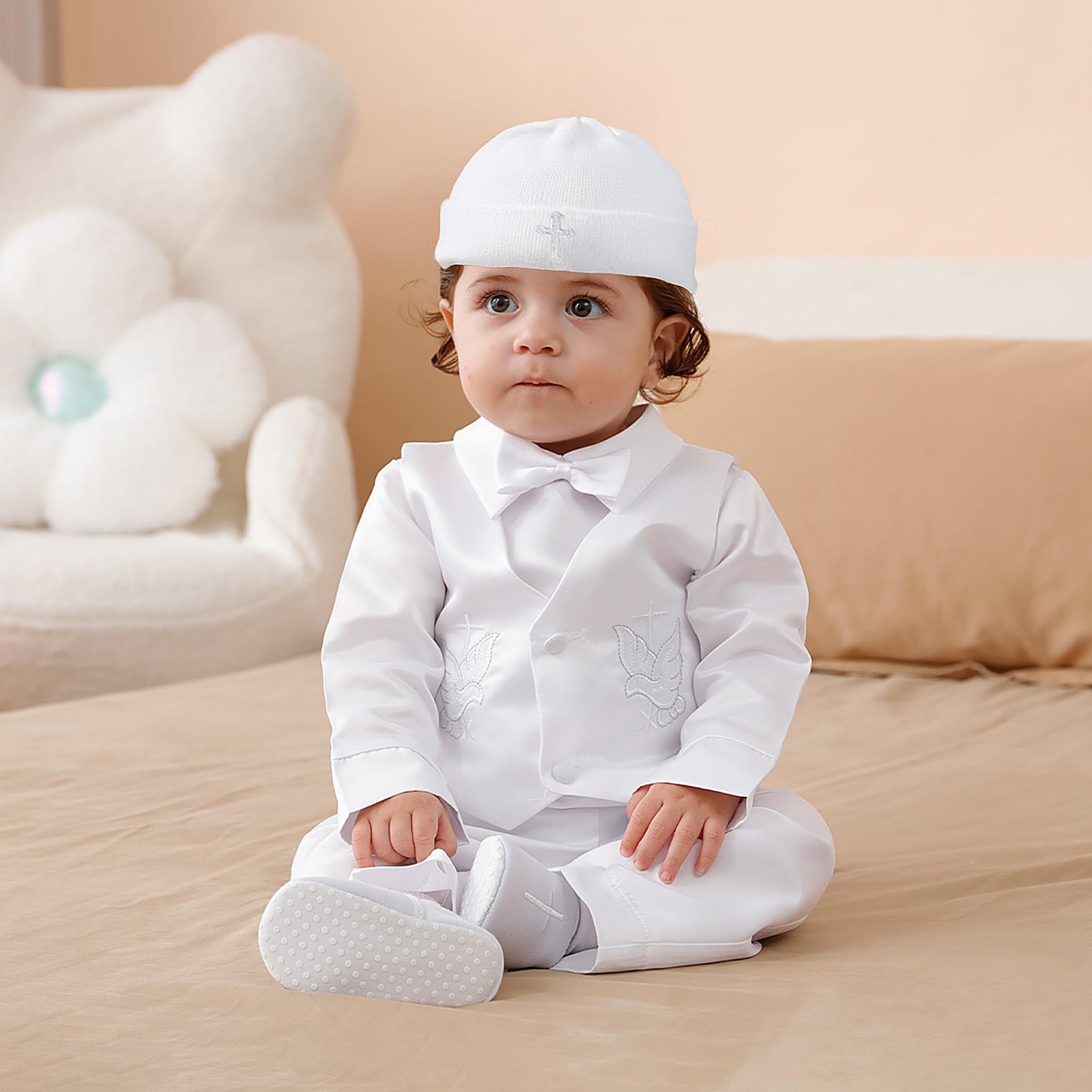 AGJ Baby Boy Baptism Shoes Girls Infant White Christening hat and Socks Set with Embroidered Cross for Dedication Outfit 3-6 Months