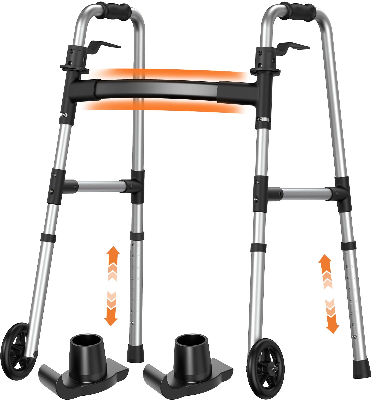 LW01 Andador Plegable con Ruedas para Mayores, Ayuda de Movilidad 2 en 1 con Conteras de Goma y Deslizadores, 8 Ajustes de Altura, Aluminio Ligero hasta 136 kg, Interior/Exterior