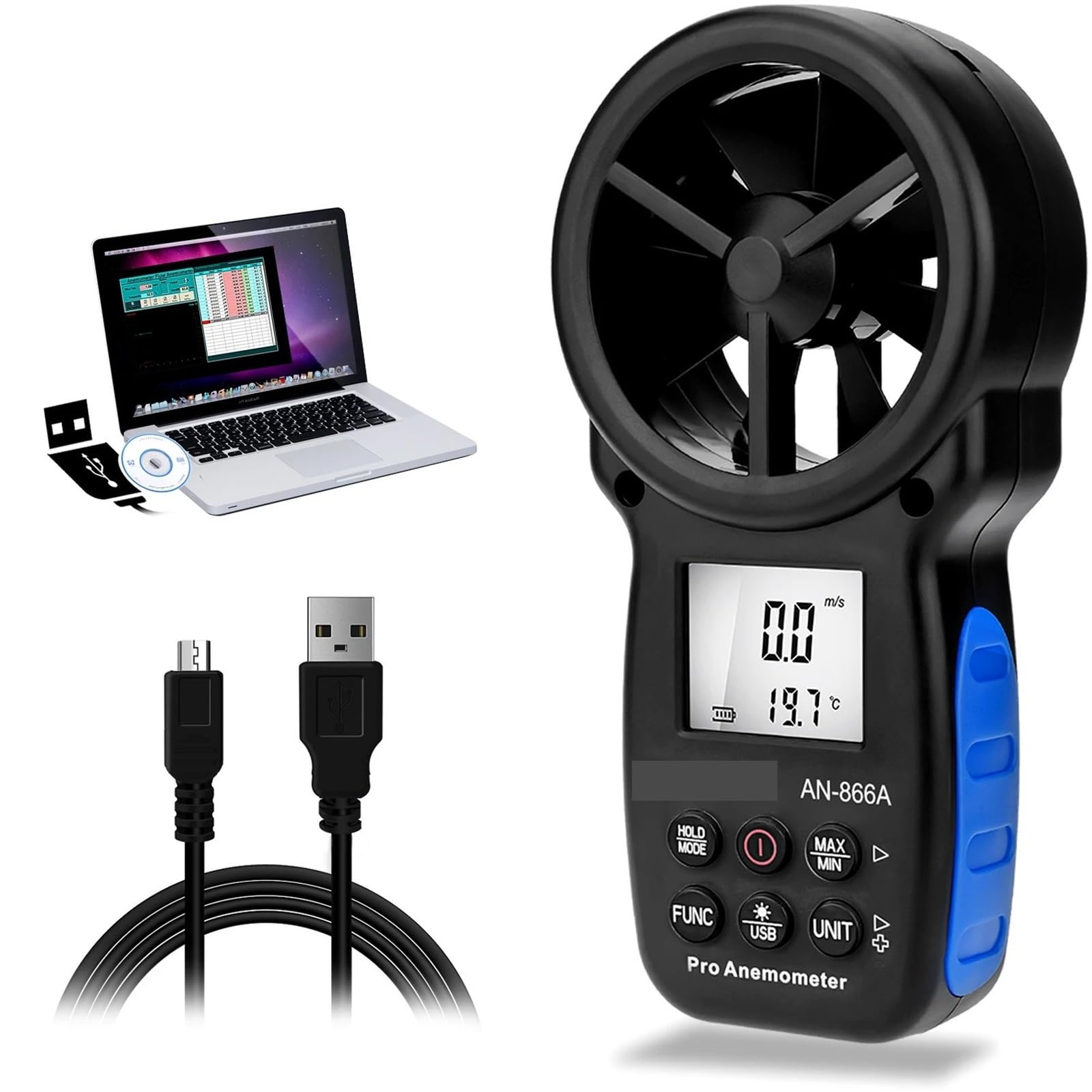 Anemómetro digital portátil HP-866A con conexión USB, medidor de punto de rocío y masa de aire con retención de datos y puerto USB.(Blue)
