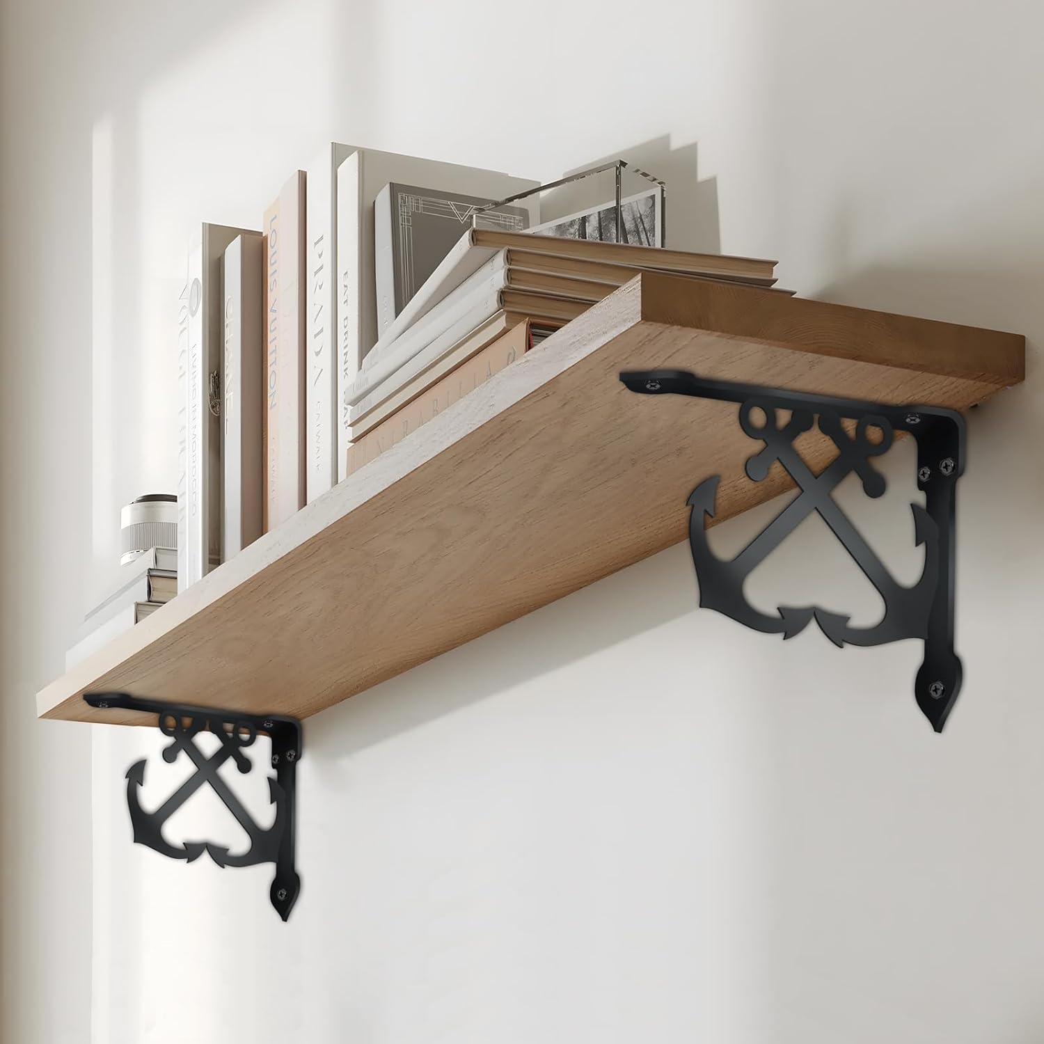 SUPERDANT 2 Pack Shelves Brackets Anchor Heavy Duty Metal Shelf Brackets Decorative Wall Shelf Black Iron Shelving Bracket for Kitchen Bookshelf Fireplace Mantel Corbels Corner Brace Gifts 8.3x6.8in