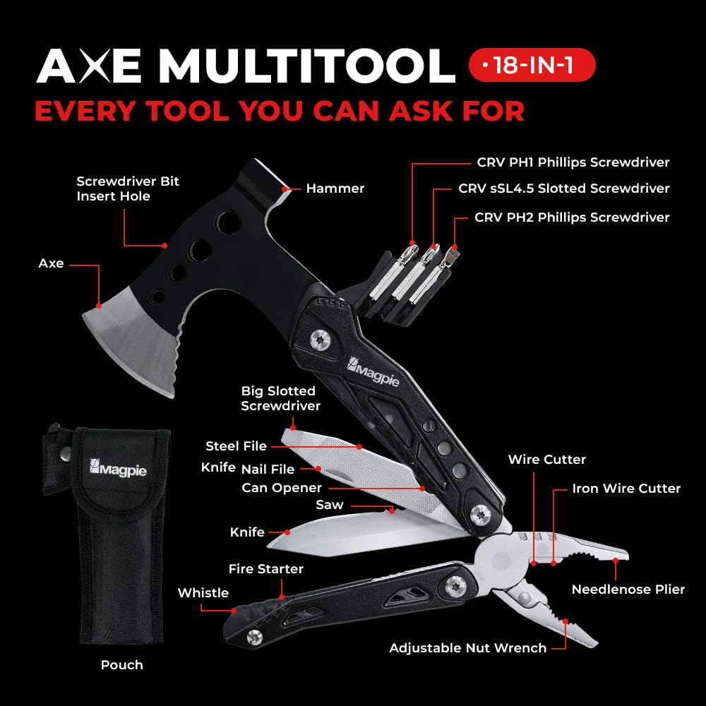Magpie Axe Multitool, 18 in 1 Essential Heavy-Duty Multipurpose Tool, Camping Accessories Survival Gear, Birthday Gift for Him Men Husband Son