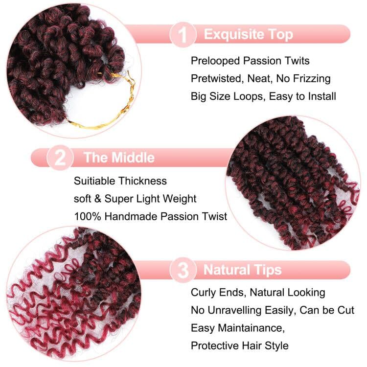 Miniatura 2 de Paquete de 9 paquetes de cabello de ganchillo Passion Twist de 8 pulgadas, cabello de ganchillo pretrenzado, suave pretrenzado y bucle para mujeres