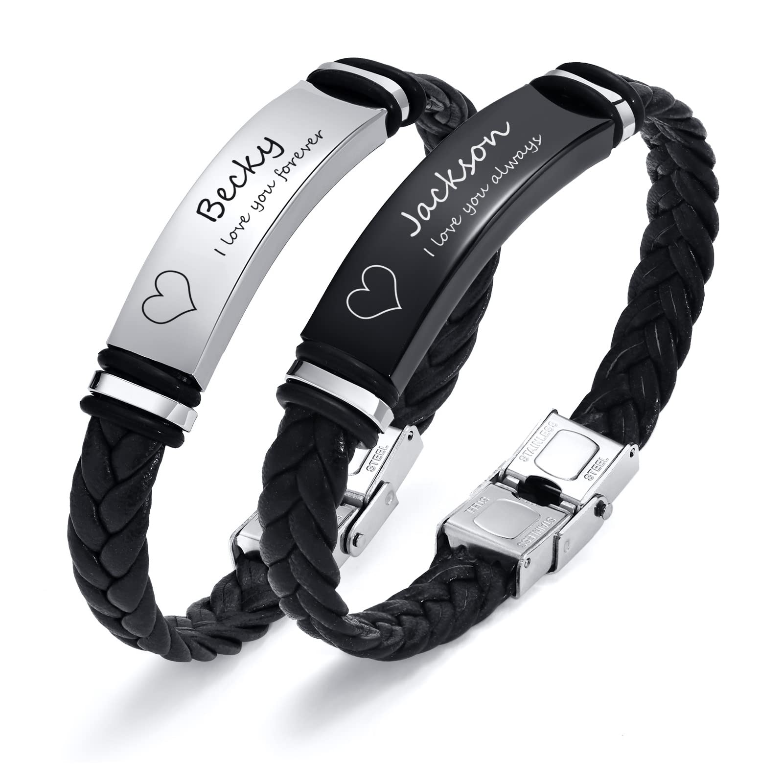 MEALGUET Personalized Leather Bracelet for Men: Braided Leather Engraved Name ID Wristband for Boyfriend, Husband, Dad - Custom Gift for Valentine's