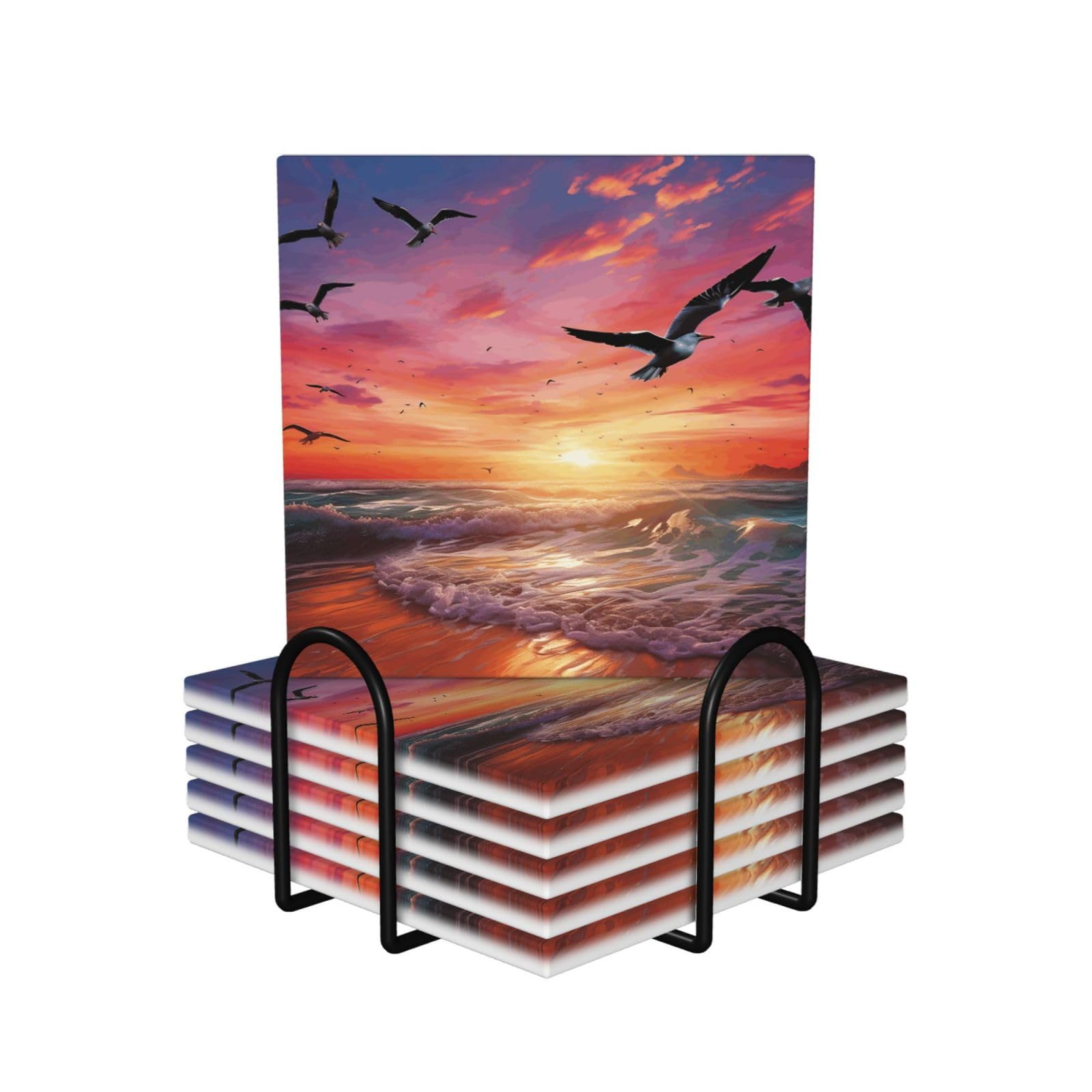 Dessous de verre céramique liège avec motif mouette mer et ciel coloré