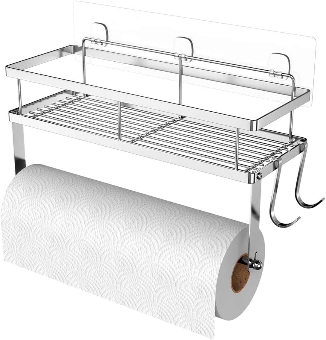 ESOW Paper Towel Holder with Shelf Storage, Adhesive Wall