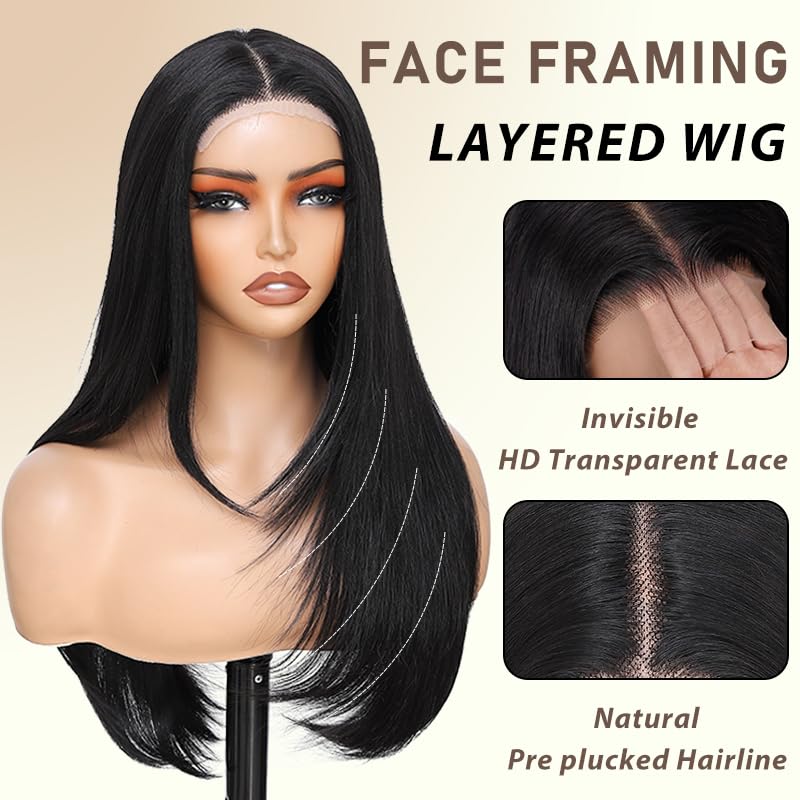 Synthetic Lace Front Wig 5x4x1 Black Layered Wig for Black Women HD Lace Hand Tied Pre Plucked Long Straight Glueless Wigs Suitable For Everyday Wear (Natural Black, 26 Inch)