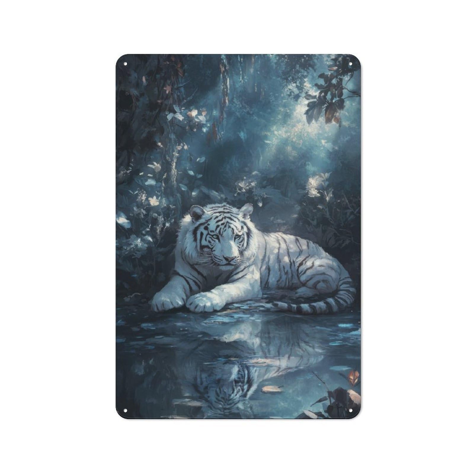 Junmoney White Tiger In Forest Workshop Style Tin Sign 30X20cm, Industrial Wall Art For Garage, Hobby Room, Office Or Man Cave