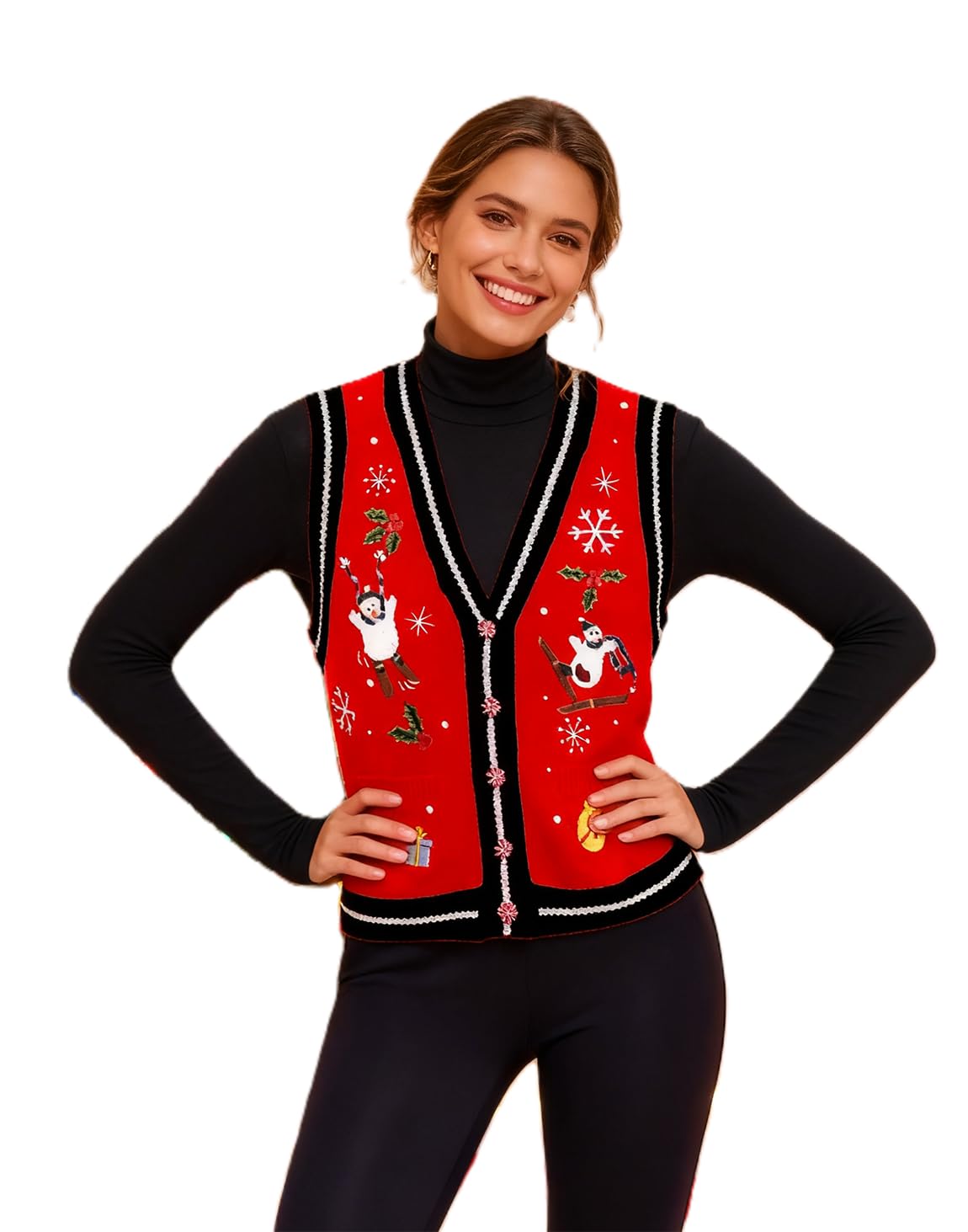 SOLILOQUY Christmas Sweater Vest Women Button Down V Neck Embroidery Knitted Vests Tops Holiday Sleeveless Jacket