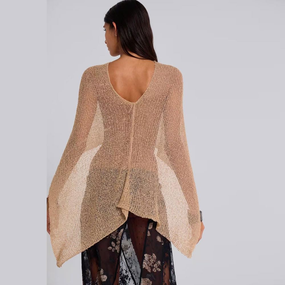 Poncho Femme Asymétrique Multifonctionnel Châle Tricoté Élégant Cape Légère Couverture d'Été Transparent pour la Plage et Soirées Formelles(Marron)
