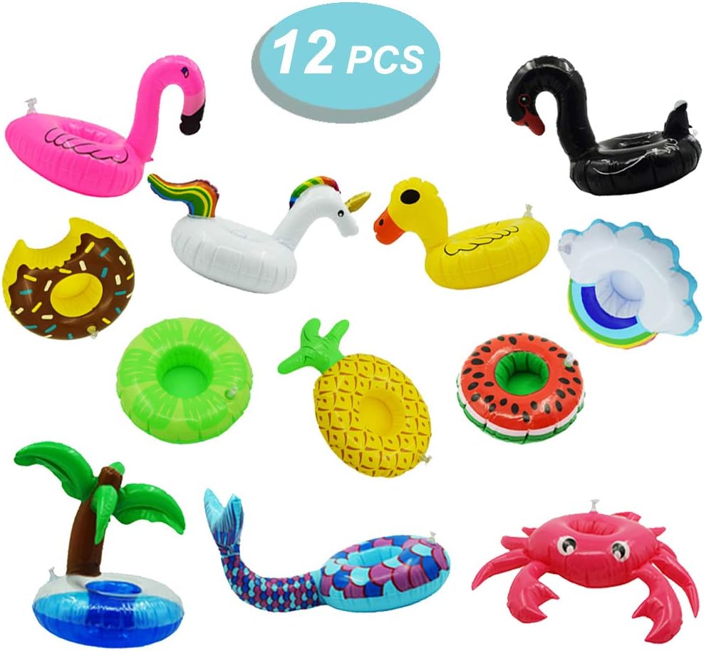 12 Pack Inflatable Drink Holders Inflatable Cup Coasters for Pool Beach Party and Kids Bath Toys (Unicorn, Mermaid, Swan, Flamingo, Crab, Pineapple, Coconut Tree, Watermelon, Cloud, Yellow Duck, Lemon