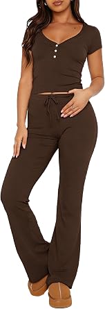 TiulZial Womens 2 Piece Pajamas Set V Neck Short Sleeve Cropped Top And Flare Long Pants PJs Outfits Ribbed Lounge Sets