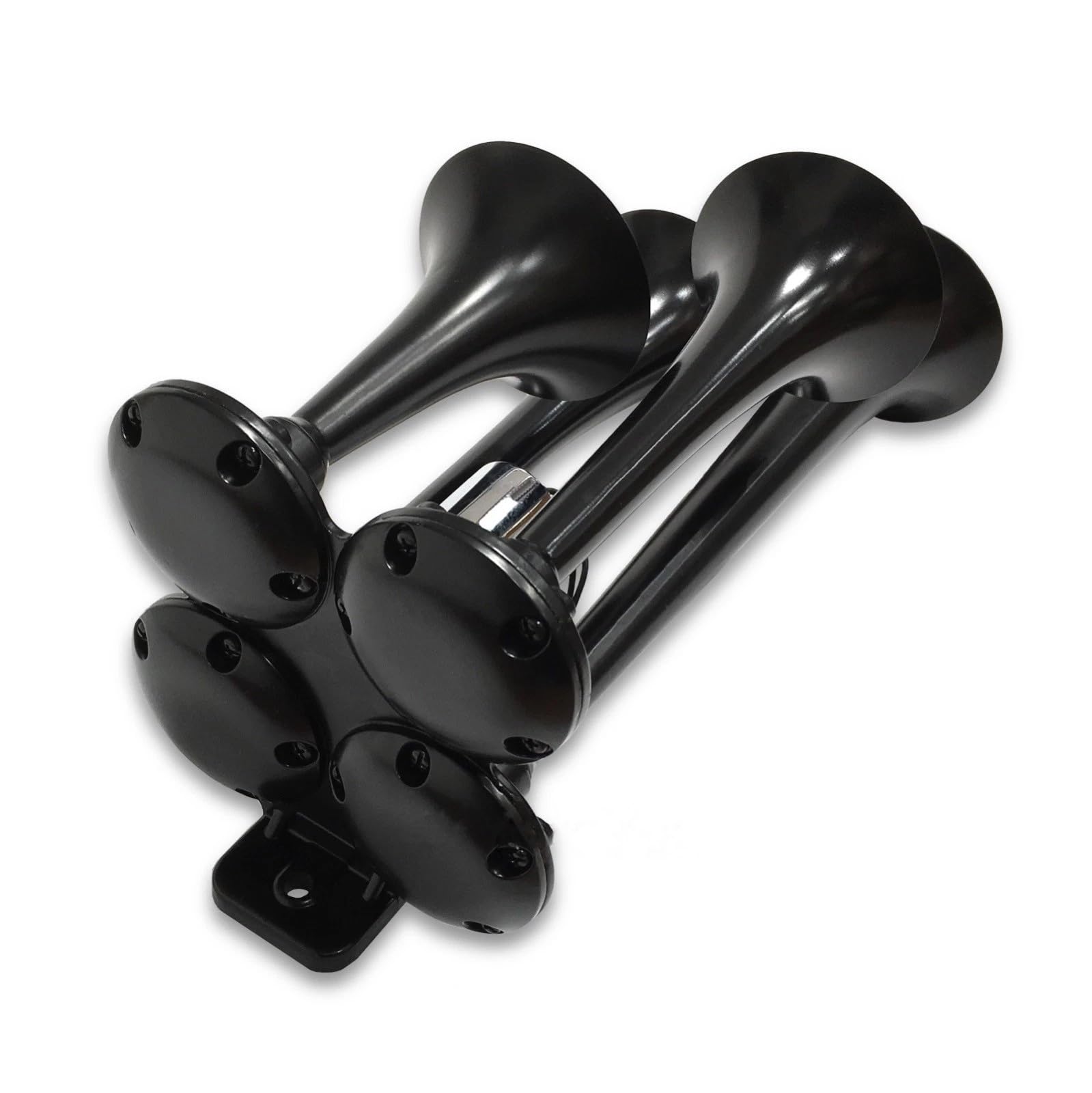 Train Air Horn Quad 4 Black Trumpets with Heavy-Duty Electric Solenoid