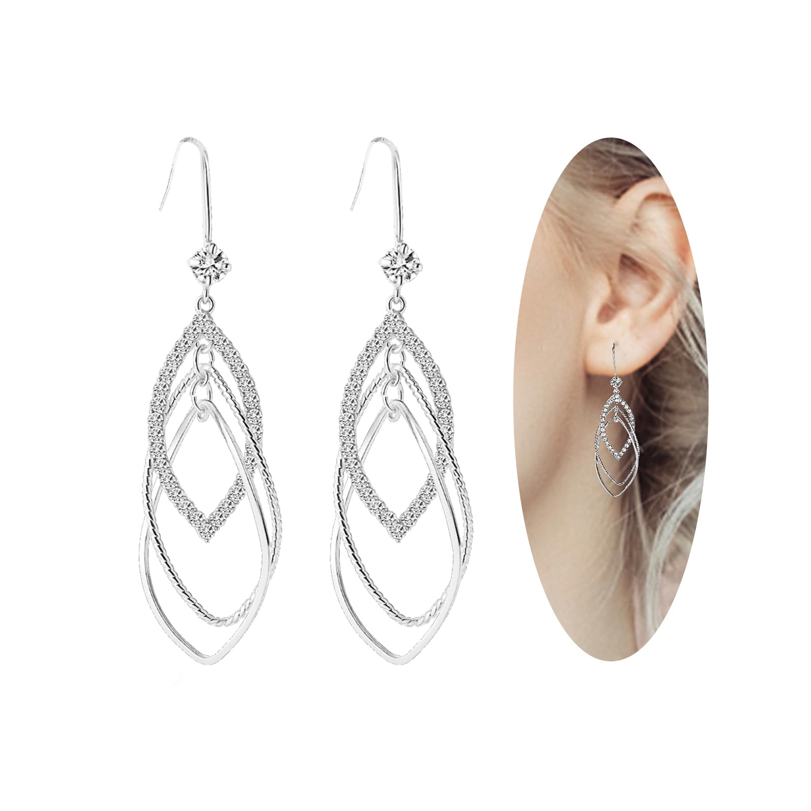 Sterling Silver Teardrop Dangle Earrings for Women 14k Gold Plated Double Linear Drop Hoop Diamonds Earrings