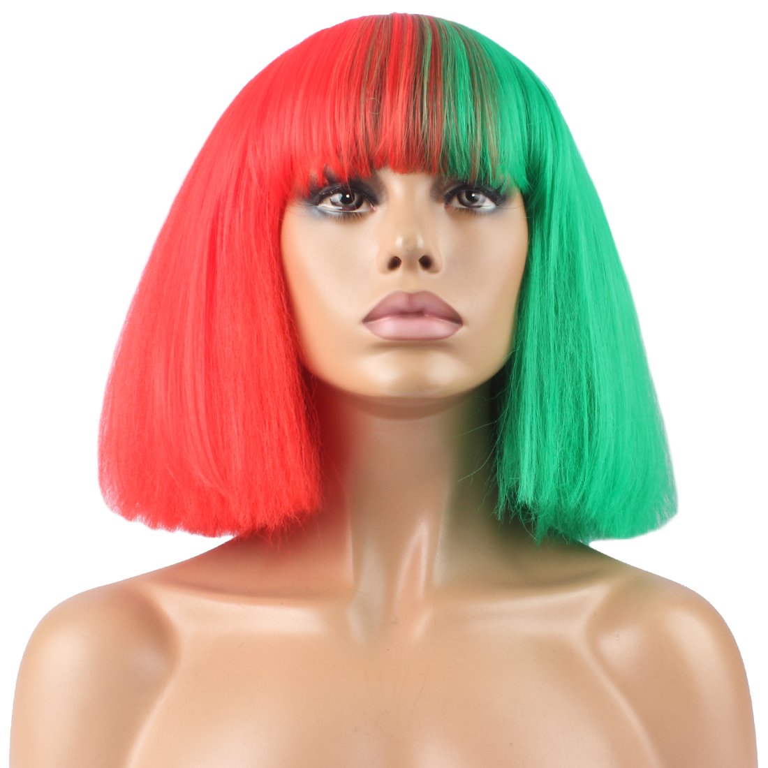 Peluca de moda de las mujeres corto Bob rizado recto flequillo sintético postizos rojos y verdes 6