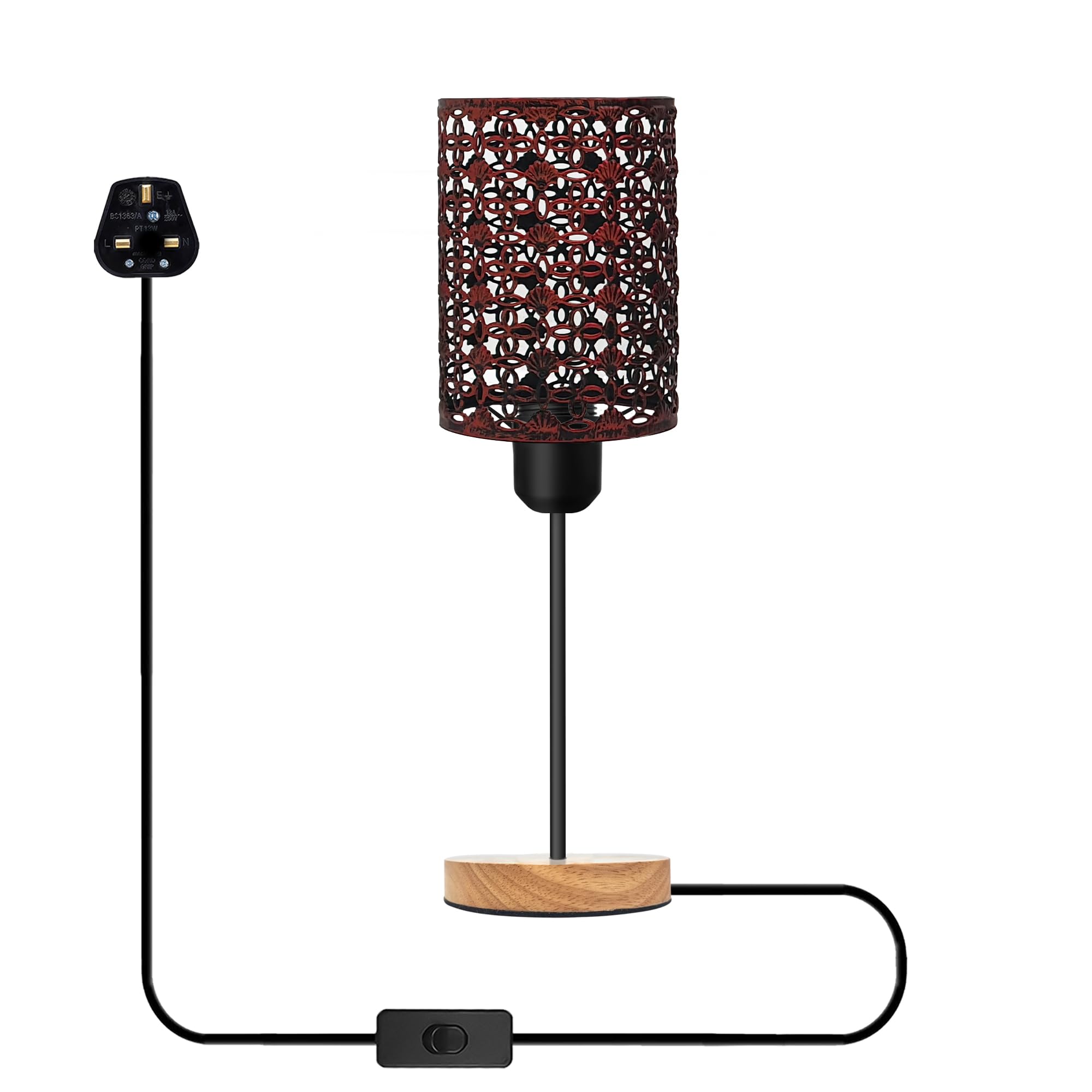 Wooden Stand Bedside Table Lamp Modern Round Nightstand Lamp with Solid Wood Desk Metal Barrel Cage With 3 Pin Plugin On/Off Switch Control Lamp for Bedroom without bulb (Style 4 - Rustic Red)