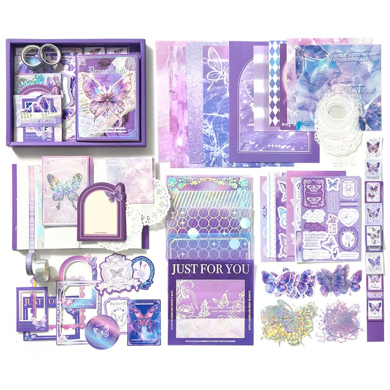 Image of WEMOL Vintage Journal Scrapbook Pack Kit for Art Journaling Bullet, Planners DIY Paper Stickers, Craft Kits Notebook, Collage Album Aesthetic Sticker (Purple Butterfly)