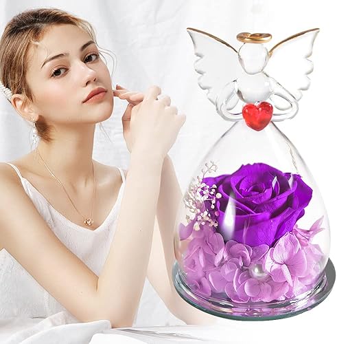 Miniatura 5 de Figuras de ángel con diseño de rosa preservada real en cúpula de cristal, regalos de flores eternas para mamá, abuela, amigas, mujeres, en el día de