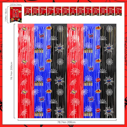 Image of Spider Web Birthday Decorations, 2 Pack Spider 3.3x6.6ft Tinsel Foil Fringe Curtains with Spider Happy Birthday Banner, Spider Photo Booth Prop Backdrop Streamer