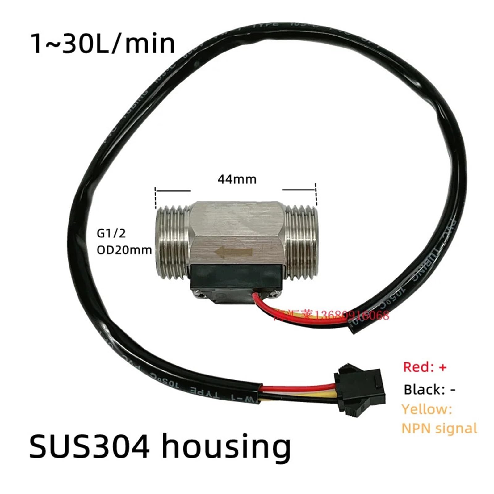 G1/2" 1~30L/Min Sensore di Flusso d'Acqua ad Effetto Hall in Acciaio Inossidabile Misuratore di Flusso d'Acqua a turbina NPN a impulsi DN15 per Acqua Liquida, Diesel(5-24Vdc)