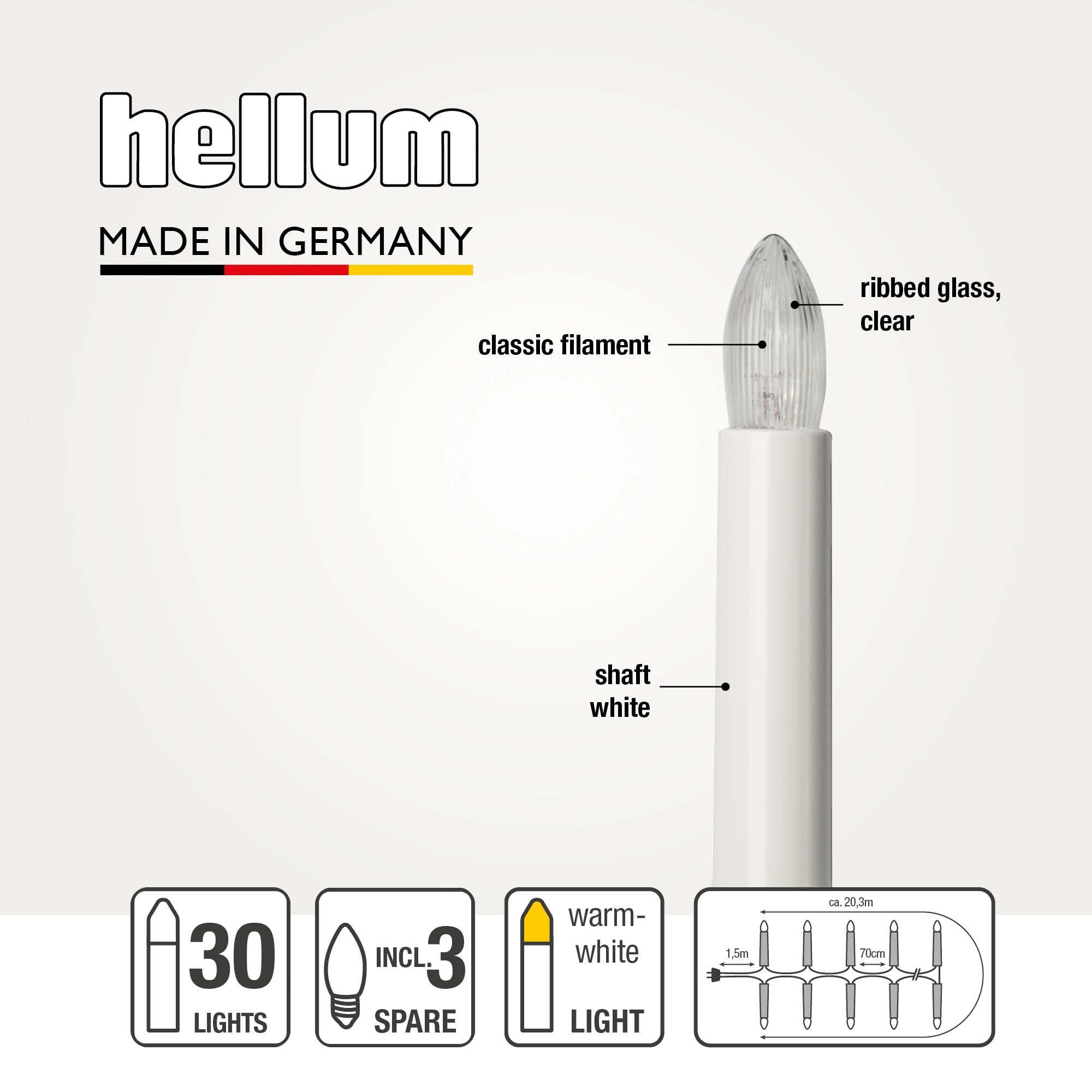 Hellum Łańcuch świetlny na choinkę, wyprodukowano w Niemczech, łańcuch świetlny z klipsem, 30 świateł, 20,30 m, ciepła biel, do wnętrz, dzielona wtyczka, 3 zapasowe świece, bez LED < 59 lm 430240