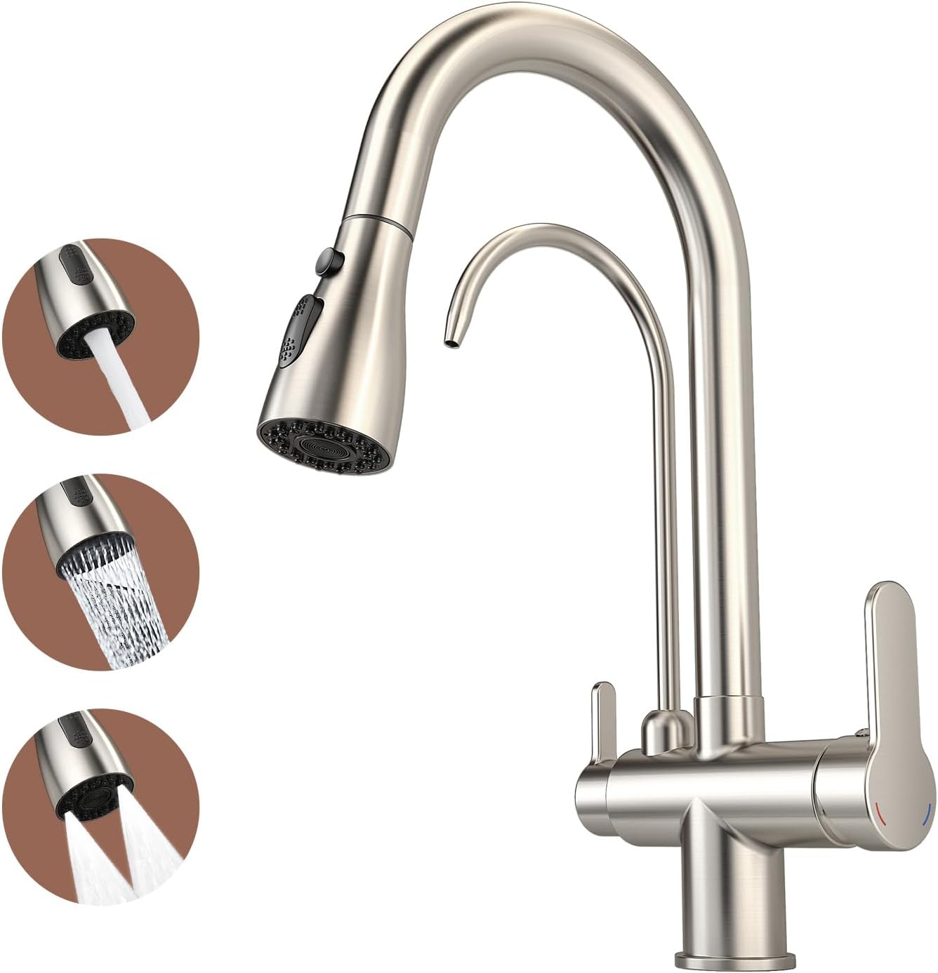 Kitchen Sink Faucet with Pull - Down Sprayer, 2 - Handle 3 - in - 1 Kitchen Sink Filter Faucet, Cold and Hot Mixer Drinking Water Faucet (Brushed Nickel-02)