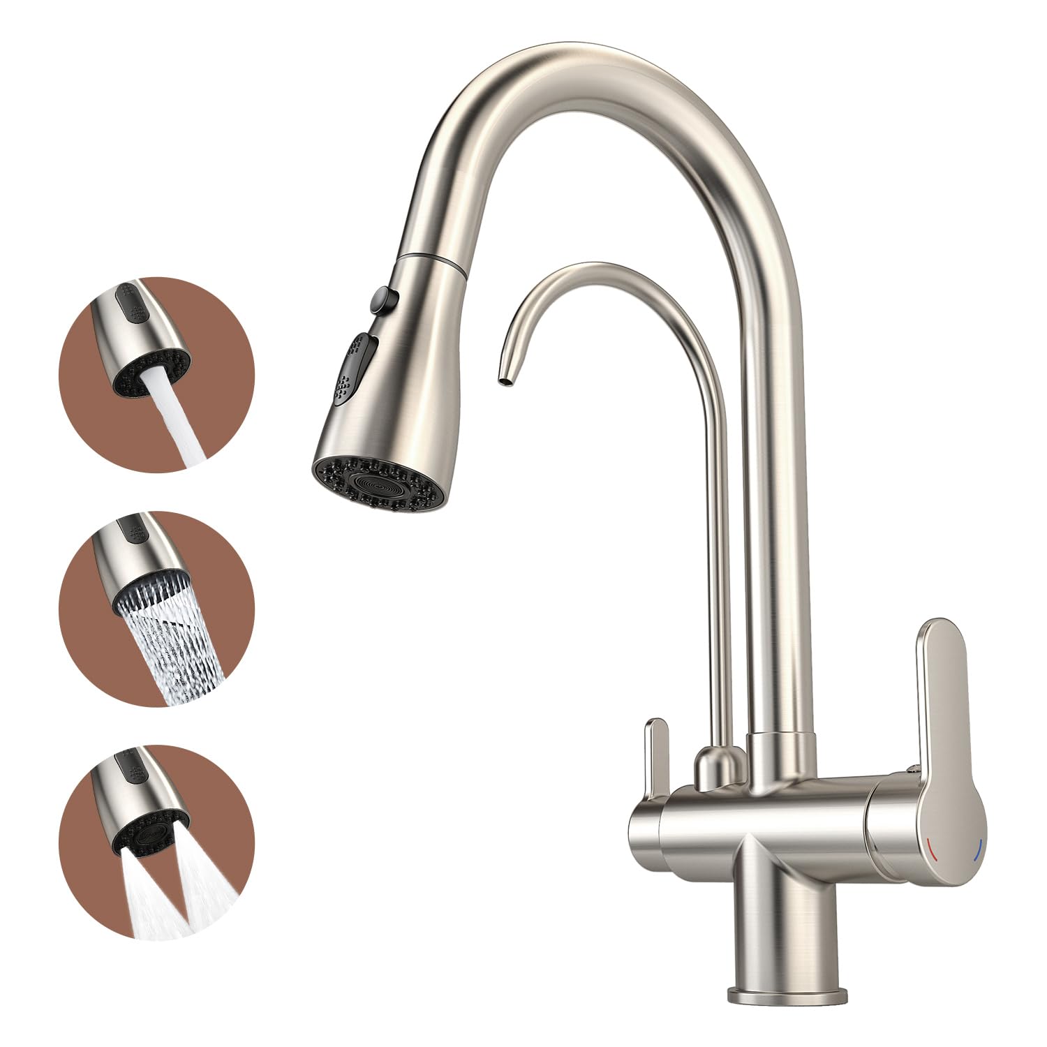 Kitchen Sink Faucet with Pull - Down Sprayer, 2 - Handle 3 - in - 1 Kitchen Sink Filter Faucet, Cold and Hot Mixer Drinking Water Faucet (3-in-1