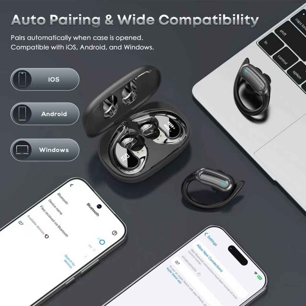 TRAUSI Auriculares inalámbricos Bluetooth, Bluetooth 5.3 estéreo, auriculares de diadema con cancelación de ruido, IPX7 resistentes al agua para entrenamiento/correr, color negro brillante