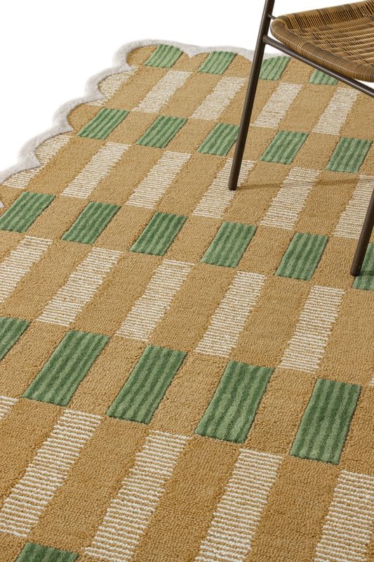 Image of Hand-Tufted Wool Area Rug with Scalloped Edges, Beige and Green Plaid Pattern, Cozy and Soft Accent Rug for Living Room, Bedroom, and Nursery, Handmade Decorative Rug, 1x1 Ft (Sample)
