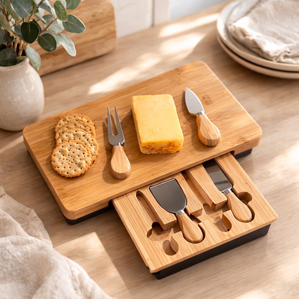 HomeZone Plateau à fromage en bambou avec couteau et plateau de service avec tiroir coulissant à couverts et tiroir de cuisine, cadeau divertissant