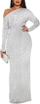 Verngo One Shoulder Long Sleeve Sparkly Sequin Prom Dresses 2026 Mermaid Bodycon Maxi Formal Evening Dress