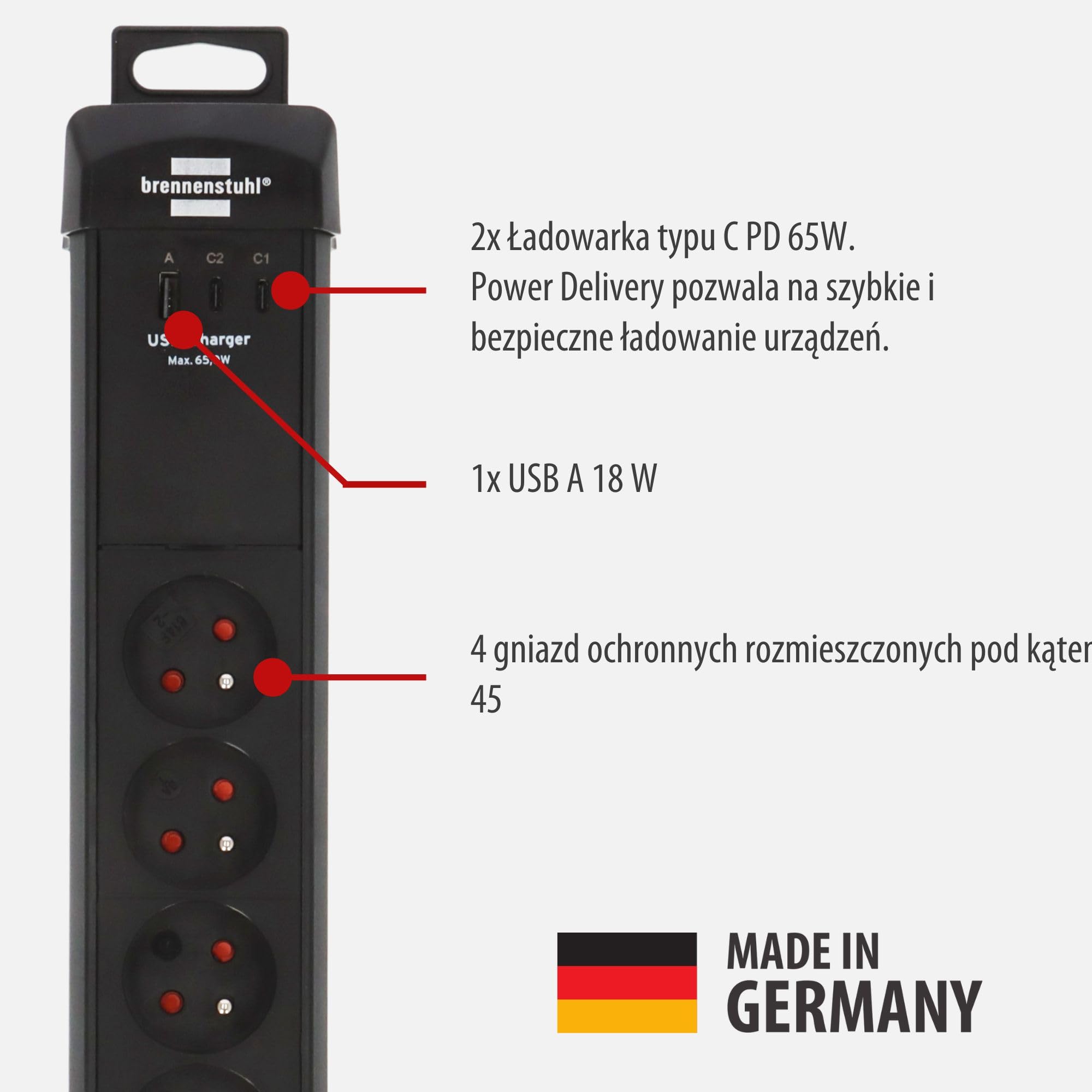 Brennenstuhl Listwa zasilająca Premium-Line z 4 gniazdami wtykowymi i 2 x USB-C PD 65 W i USB-A 18 W (Made in Germany, kabel 3 m, przełącznik)