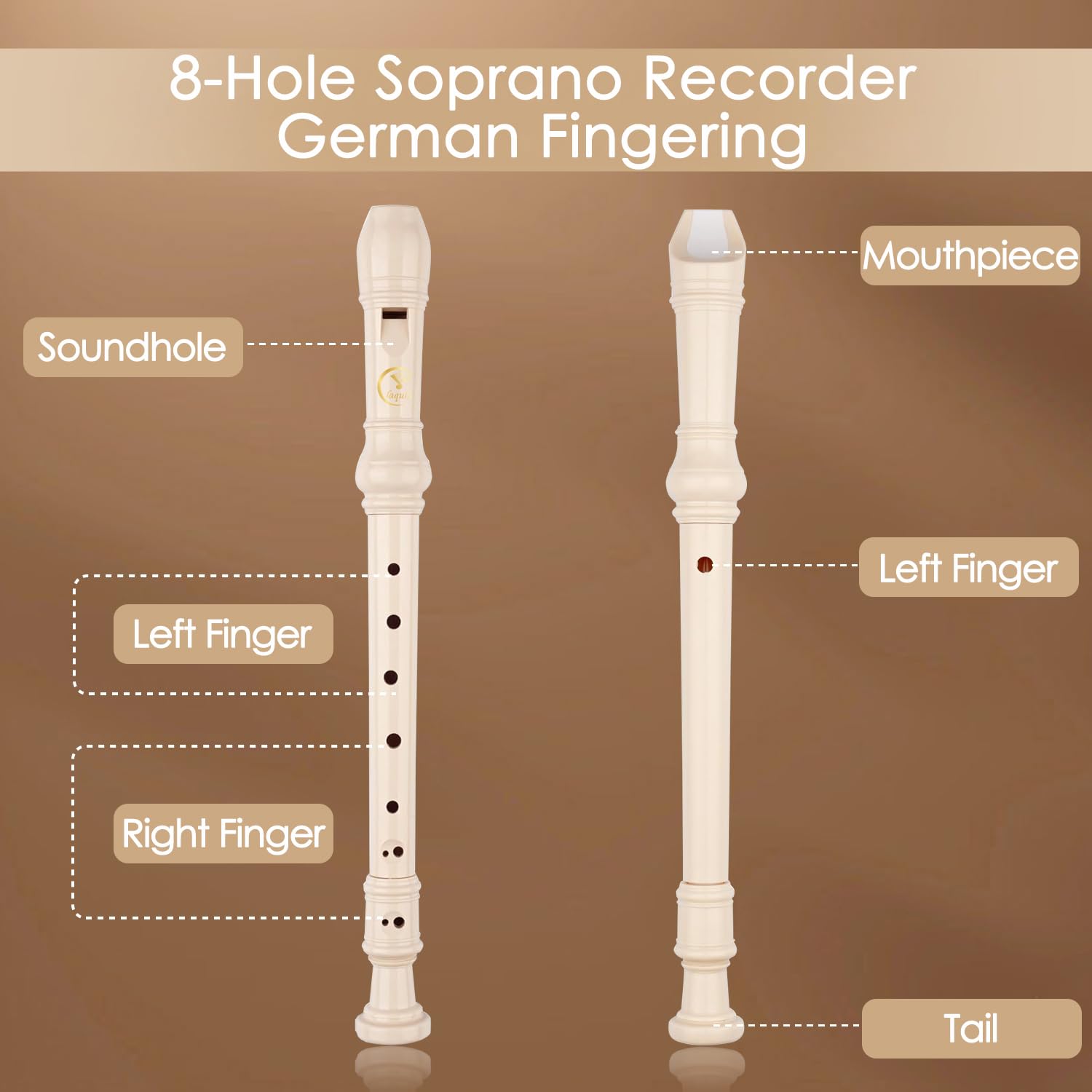 Flauto Dolce Soprano Flauto a 8 Fori in Do, in Resina ABS, con Asta per la Pulizia, Tabella Delle Diteggiature e Borsa in Pelle, per Principianti, Bambini (Bianco Latte)