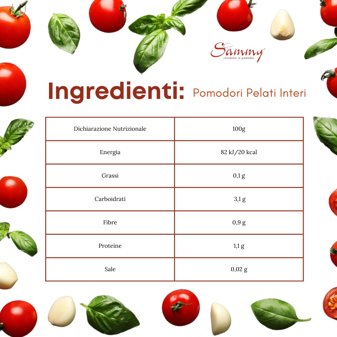 SAMMY - Pomodori Pelati, Ideali per Sughi e Ricette Gourmet, 100% Filiera Italiana, Gusto Dolce e Autentico, 6 Pezzi in Latta da 2500gr