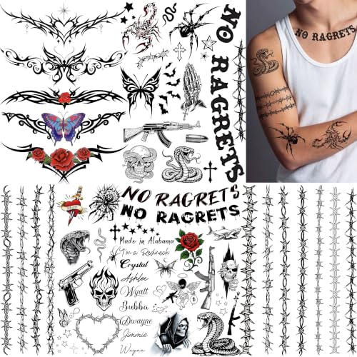 Image of 5 Sheets NO RAGRETS Tattoos Halloween Temporary Tattoos For Men Women Adults White Trash Bash Party Accessories, Redneck Tramp Stamp Fake Barbed Wire Tattoos Spider Skull Sticker Halloween Costume