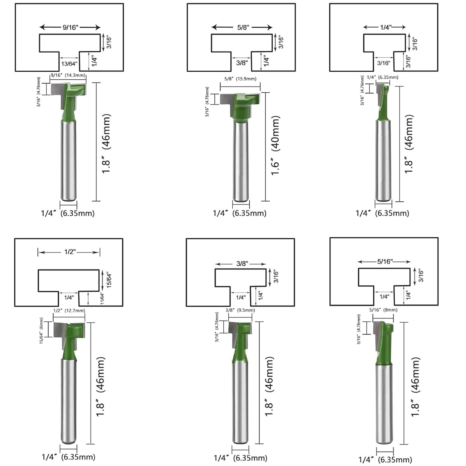 6 Pièces Set Coupe de Bois T-Slot, Fraise en Rainure en T, Routeur à Rainure en T Forme Routeur Bits, Fraise À Rainure En T, Pour Outils électriques Outil de Menuiserie