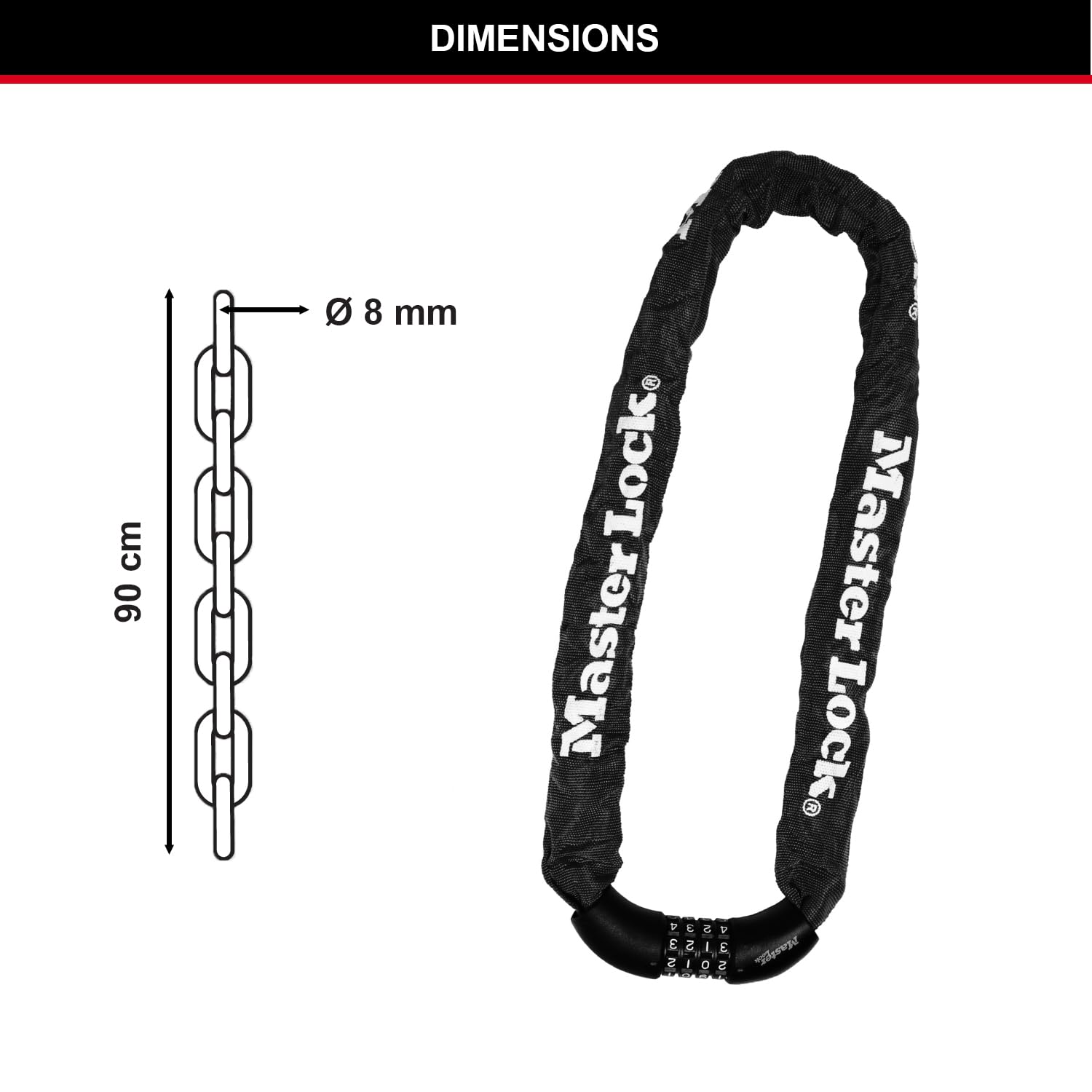 Master Lock Zamek łańcuchowy rowerowy, zamek szyfrowy, łańcuch 90 cm 8392EURDPRO - do użytku z rowerami elektrycznymi, górskimi, szosowymi, składanymi