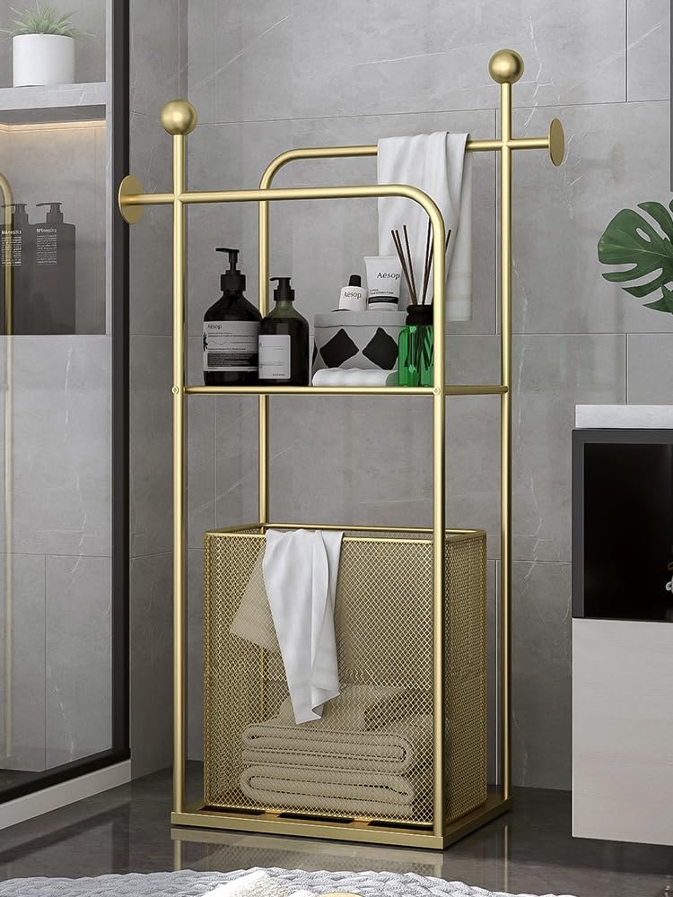 Toallero de Pie Soporte para Toallas de Pie Toallero De Pie, Soporte De Toalla De 2 Niveles De Metal con Estante De Almacenamiento Y Cesta De Lavandería para Baño Toallero de Baño de Pie