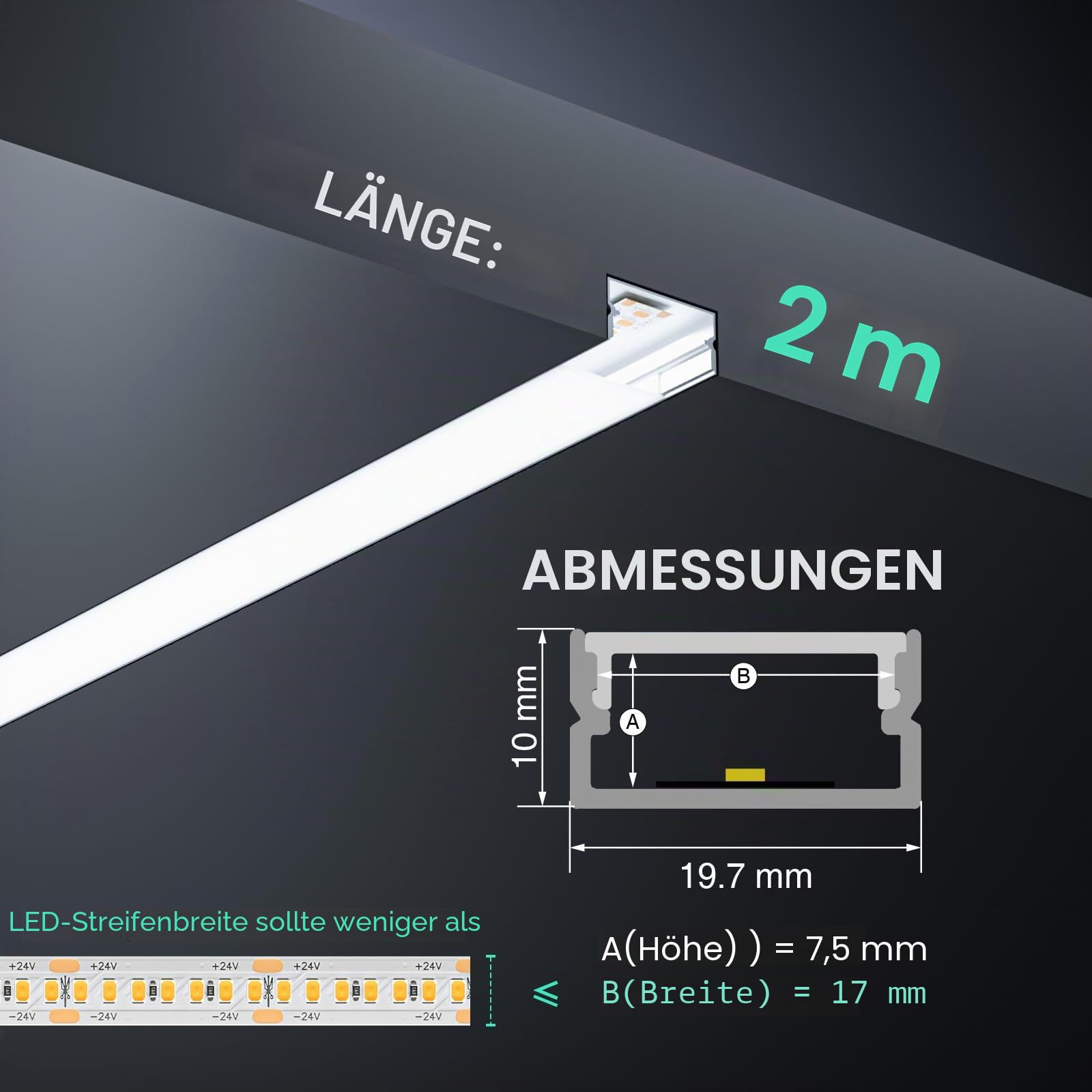 LED Aluminiumprofil U-Form 2m x 6, mit milchiger Abdeckung, für Led Streifen bis 10mm / 12mm/ 15mm /16mm, LED Schiene für Decke & Trockenbau indirekte Beleuchtung, inkl. Endkappen & Metallclips