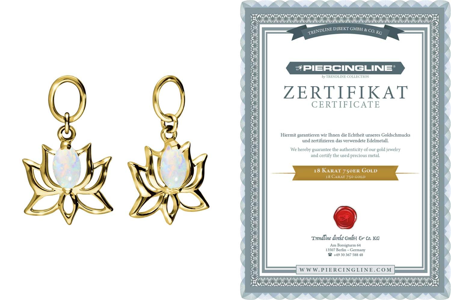 PIERCINGLINE 18 Karat Gold (750 er) Anhänger für Clicker Bauchnabelpiercing Creolen LOTUSBLÜTE + SYNTH. OPAL Piercing Gelbgold
