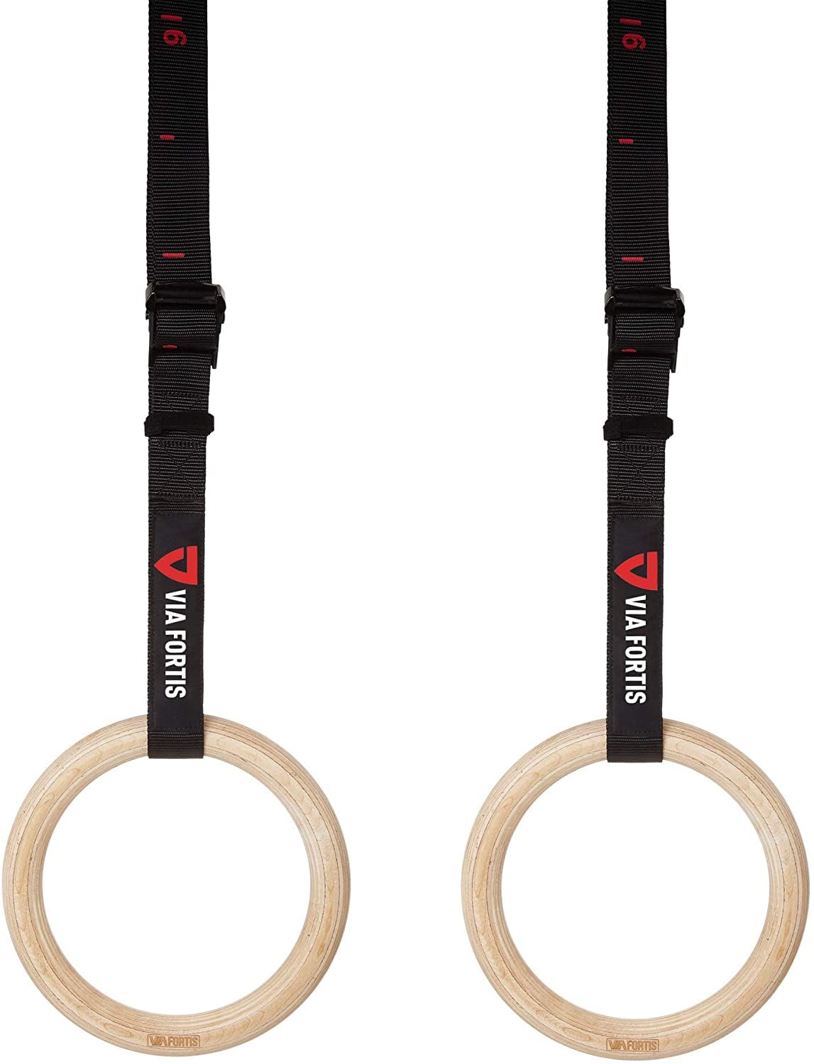 VIA FORTIS Anneaux de Gymnastique Premium en Bois avec Sangles, Sac et Guide d'Entraînement - Anneaux de Gym pour Calisthenics & Crossfit - Version de Compétition - Sangles Extra Larges avec Repères