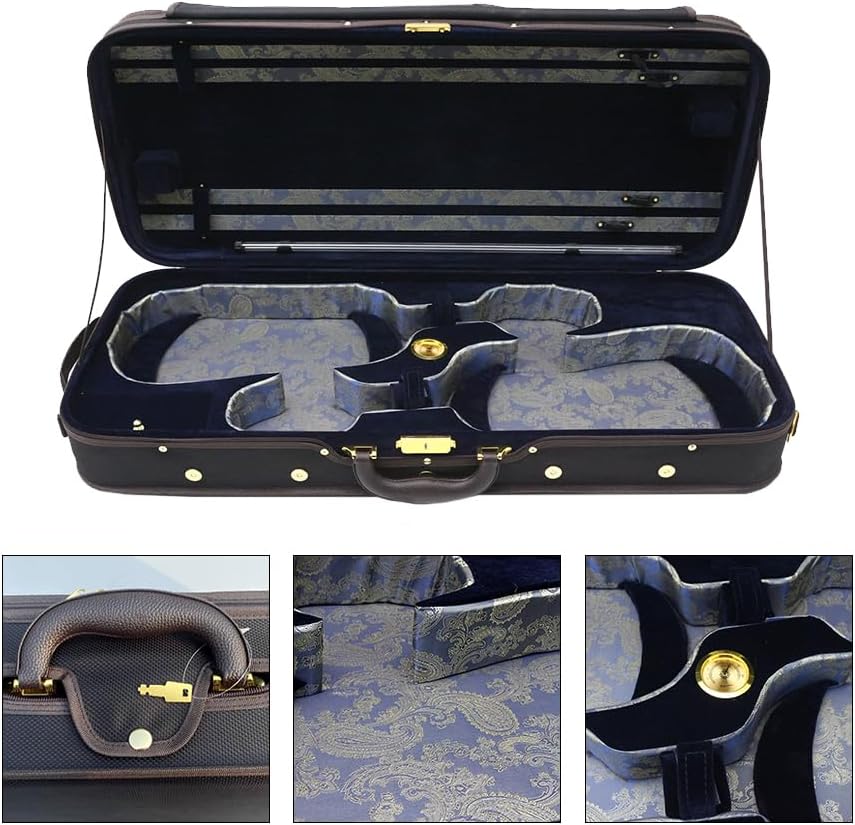 Double Violin Case Wooden Pro For Two 4/4 Full Size violins Nylon Oxford Exterior Silk Interior with Backstrap (Blue interior)