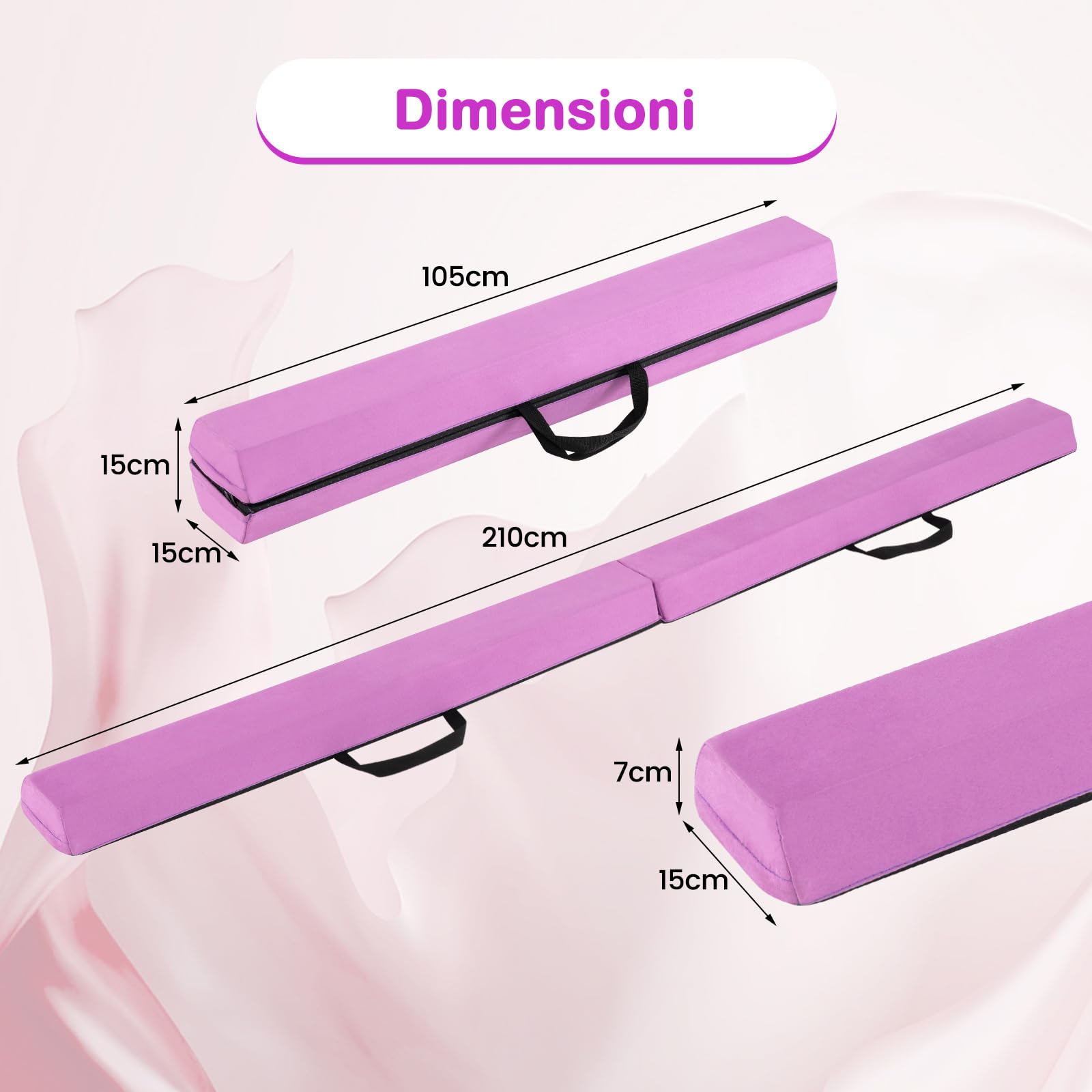 COSTWAY Trave Ginnastica per Bambini per Casa 210 cm, Trave di Equilibrio Pieghevole e Portatile con Manici, Copertura in Suede Rimovibile e Fondo Antiscivolo