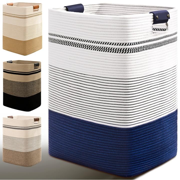 Image of Laundry Hamper, 95L Tall Laundry Basket with Leather Handles, Rectangle Large Clothes Hamper for Organizing, Cotton Woven Laundry Baskets Storage Hampers for Bedroom, Nursery, Living Room