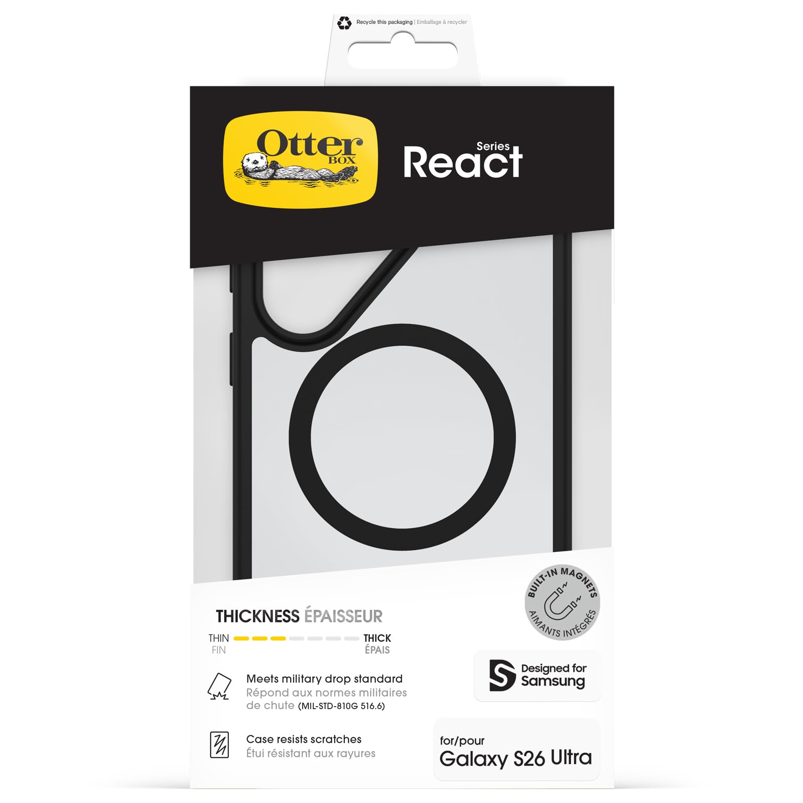OtterBox Cover React Series con Magneti per Samsung Galaxy S26 Ultra, resistente a shock e cadute fino, cover ultrasottile, testata a norme MIL-STD 810G, Trasparente/Nero