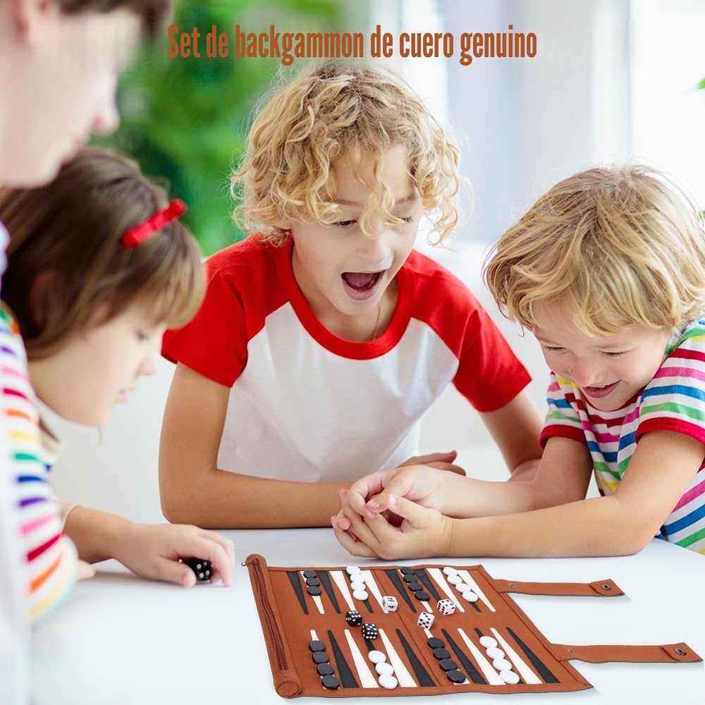 Backgammon de Cuero, Backgammon Viaje, Juego de Back Gammon Clásico, Incluye Accesorios de Piezas de Ajedrez, Back Gammon Enrollable para Viajes y Viajes, 25x35cm (Moca)