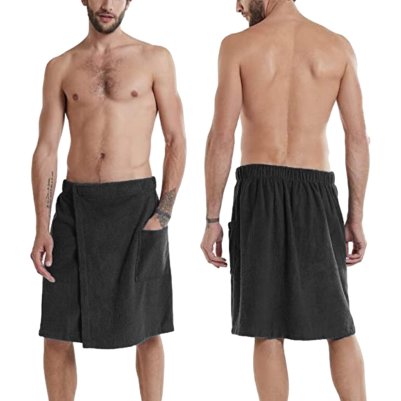 Jamron Mens Adjustable Bath Towel Wrap - Wearable Towel Skirt with Pocket for Gym Shower Sauna Spa & Beach Cover Ups Black M - Image 4