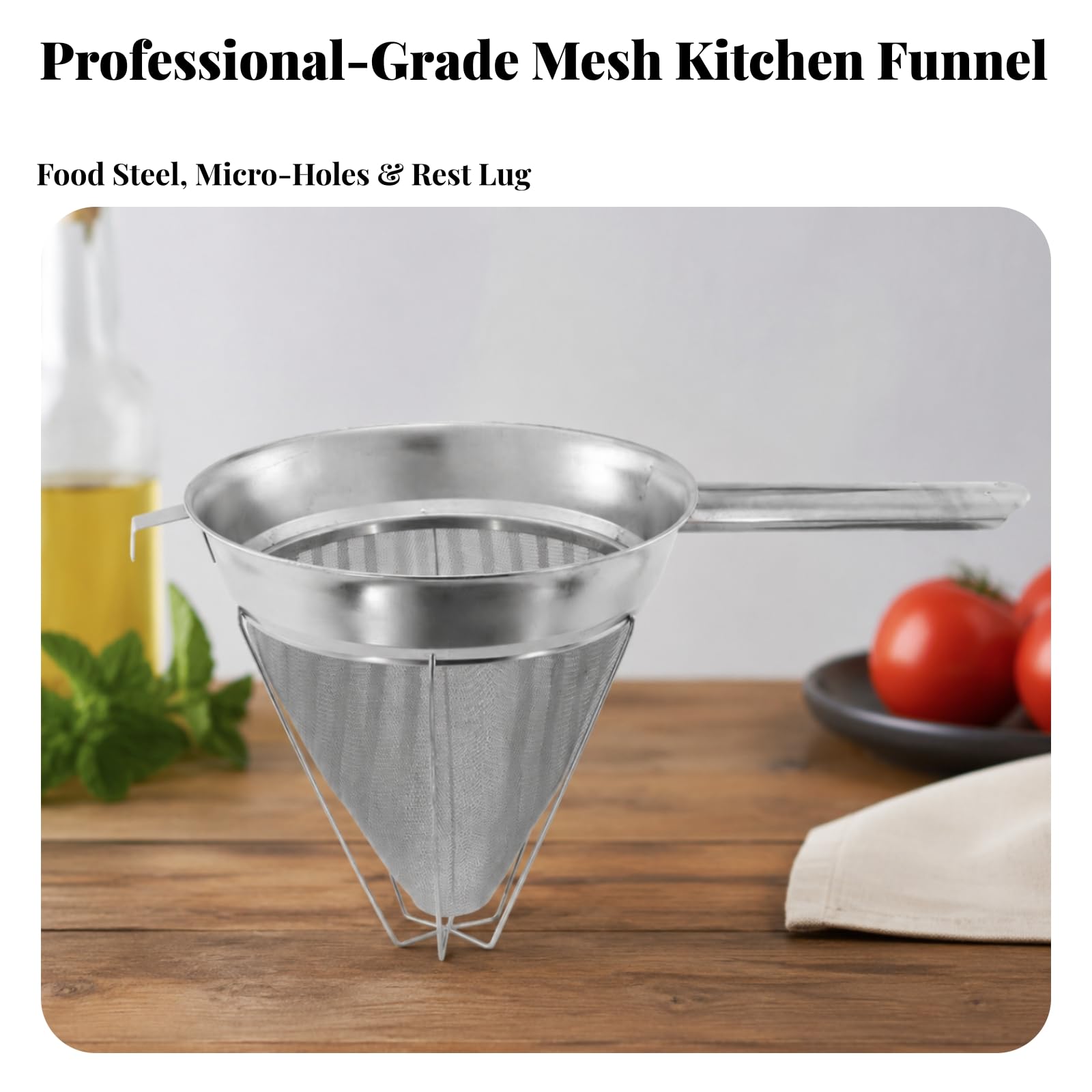 rostfrei Passiersieb mit Stiel | Praktischer Aufhängehaken, Spitzsieb, hitzebeständig, Haushaltssieb, für Gastronomie, Köche, Hobbyköche