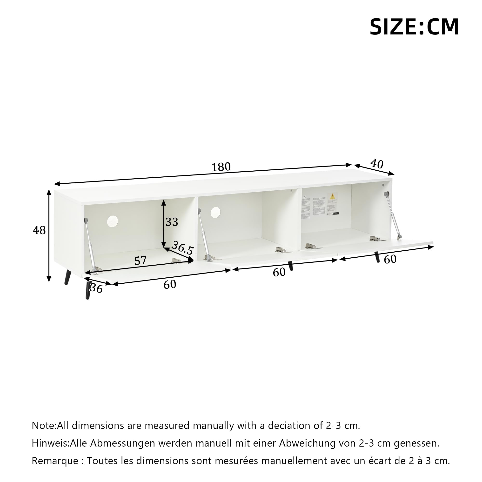 Mobile TV grande 180 x 40 x 48 cm, con 3 ante a battente, design stampato, bianco, adatto per televisori da 80", grande capienza, materiale MDF.