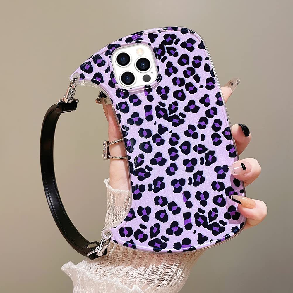 Marphe Compatible with iPhone 14 Pro Max Case Girly Cute with Wrist Strap Chain Purple Leopard Print Pattern Purse Shape Design Soft TPU Slim Shockproof Protective Phone Cover Case for Women