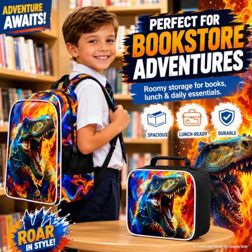 Image of 17 inch Dinosaur Backpack for Boy, 3Pcs Fire Bookbag for Elementary Preschool Kindergarten, Kids School Backpacks with Lunch Box (Red)